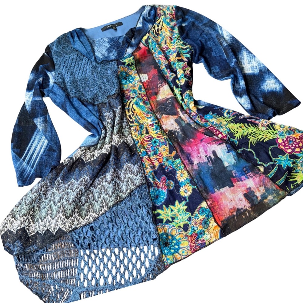 Fairy‎ Y2K Mixed Media Patchwork Tunic Top Blue Floral Crochet Mesh Womens M